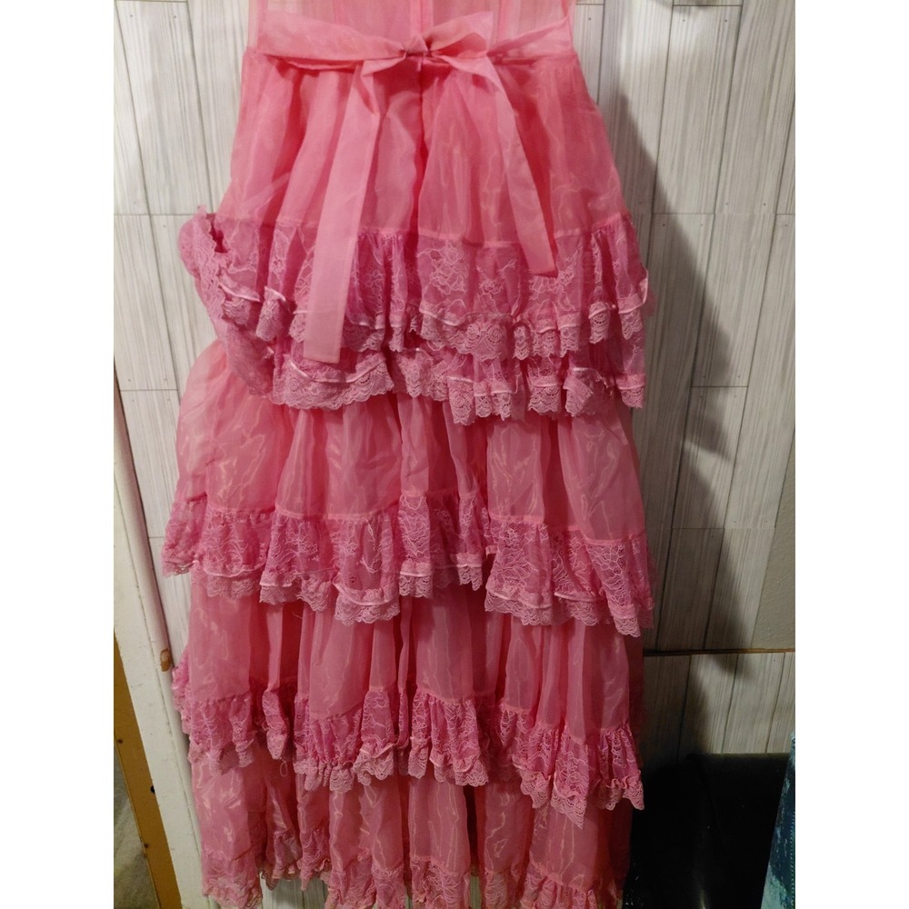 Dolls Kill Sugar Thrillz Pink Sheer Organza Tiered Lace Ruffle Maxi Dress NEW XS - Picture 8 of 13